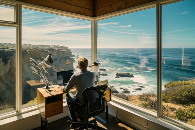 Scene met diverse jonge mensen die digitale nomaden zijn en op afstand werken vanuit dromerige locaties