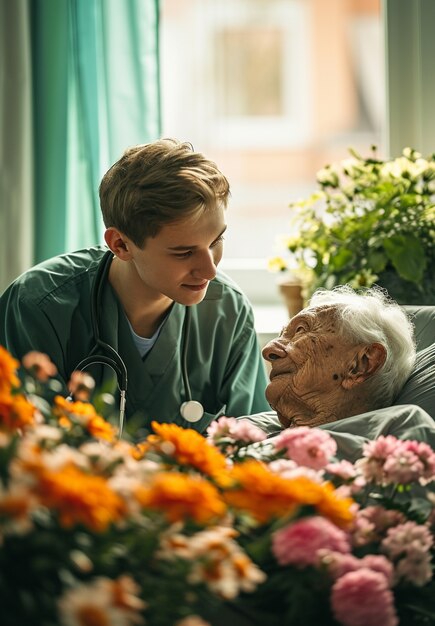 Scène uit een zorgbaan met een oudere patiënt die wordt verzorgd