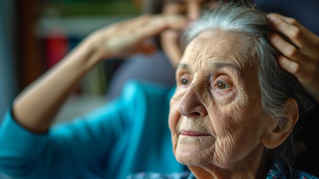 Scène uit een zorgbaan met een oudere patiënt die wordt verzorgd