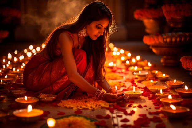 Scènefoto van een Indiase vrouw die knielt bij kaarsen om Diwali te vieren