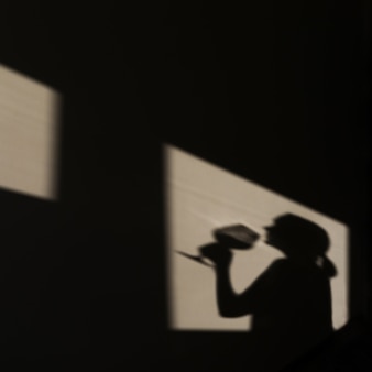Schaduw op de muur van een vrouwelijke sommelier met een glas wijn silhouet van een meisje dat wijn drinkt...