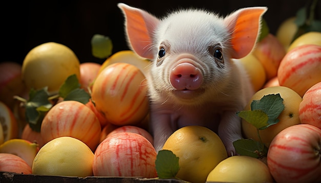 Schattig biggetje dat verse groenten eet op een groene boerderij gegenereerd door kunstmatige intelligentie