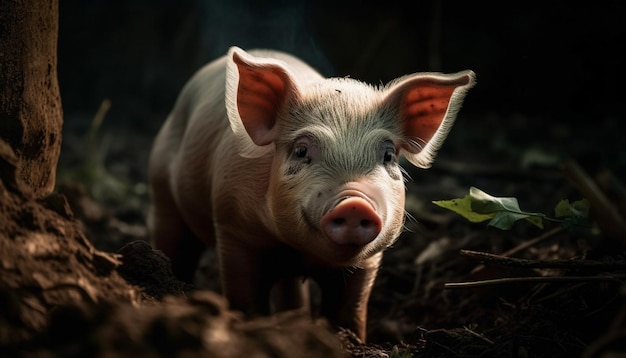 Schattig biggetje grazen in modderige landelijke weide gegenereerd door ai