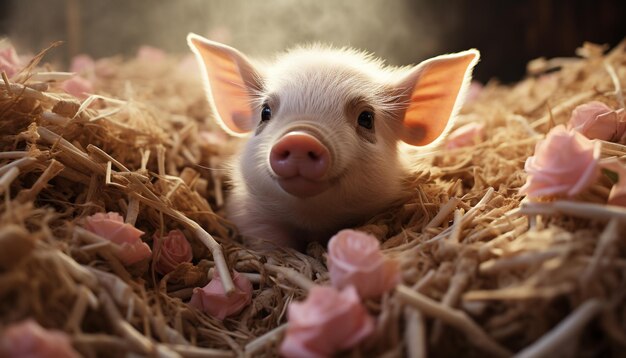 Schattig biggetje op de snuit van de boerderij in het hooi op zoek naar voedsel gegenereerd door kunstmatige intelligentie