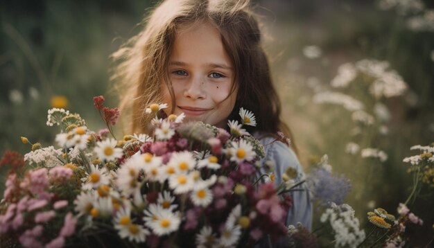 Schattig blank meisje geniet van de speelse schoonheid van de natuur gegenereerd door AI