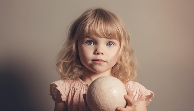 Gratis foto schattig blond peutermeisje glimlachend met speelgoed kijkend naar camera gegenereerd door ai