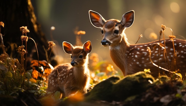 Gratis foto schattig hert dat in de weide staat en naar de camera kijkt omringd door natuur gegenereerd door kunstmatige intelligentie