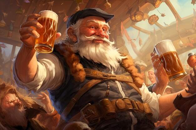 Schattig illustratiebeeld van oude man met biermok in bar