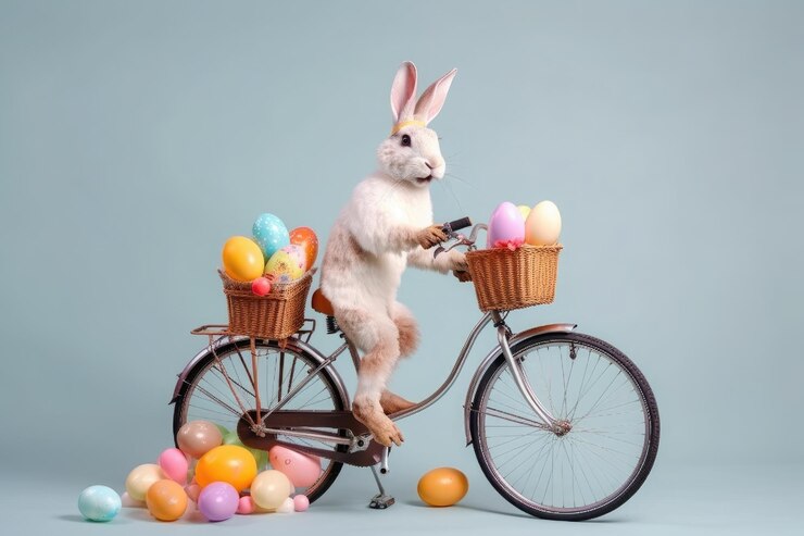 Schattig konijn op een fiets met een mand vol paaseieren op blauwe achtergrond AI generatief
