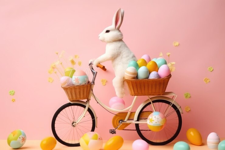 Schattig konijn op een fiets met een mand vol paaseieren op roze achtergrond AI generatief