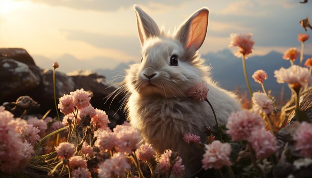 Schattig konijn zittend in het gras genietend van natuurschoon gegenereerd door kunstmatige intelligentie