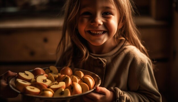 Schattig meisje geniet van gezonde fruitsnack binnenshuis gegenereerd door AI