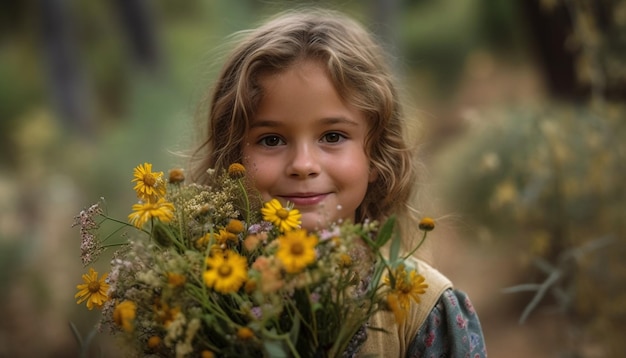 Schattig meisje met gele bloem genietend van de natuur gegenereerd door AI