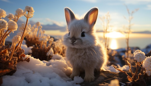 Schattig pluizig konijn dat in de sneeuw zit en geniet van de zonsondergang gegenereerd door kunstmatige intelligentie