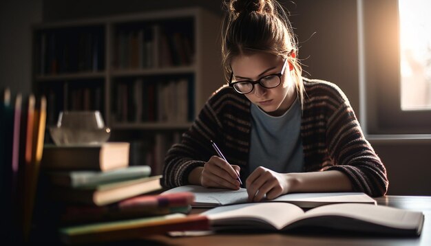 Schattig schoolmeisje leesboek omringd door wijsheid gegenereerd door AI