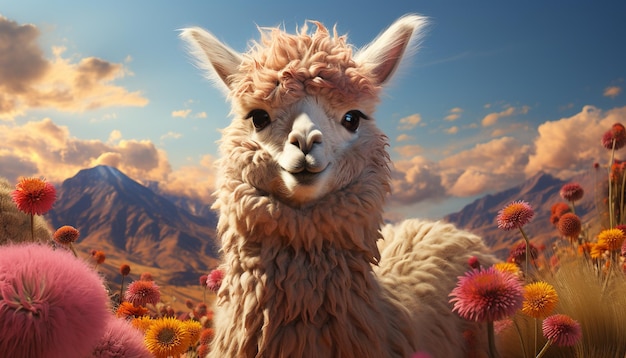 Gratis foto schattige alpaca glimlachend kijkend naar camera die graast in weide gegenereerd door kunstmatige intelligentie