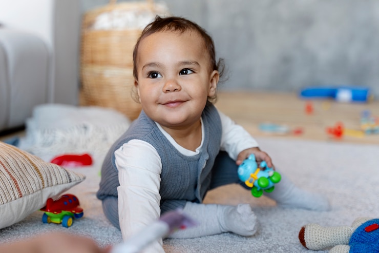 Gratis Foto schattige baby die op de grond speelt met speelgoed