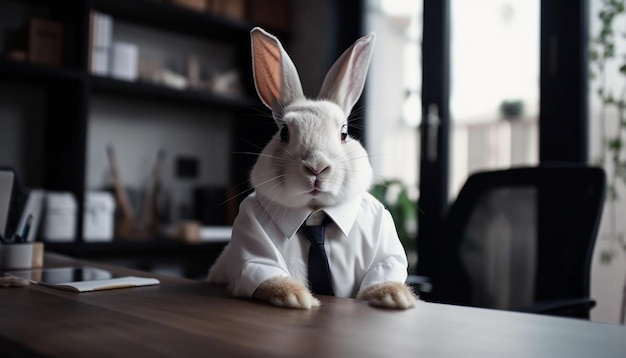 Gratis foto schattige babykonijn zittend op het bureau van de zakenman gegenereerd door ai