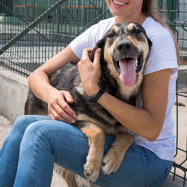 Schattige hond spelen met vrouw in opvangcentrum voor adoptie