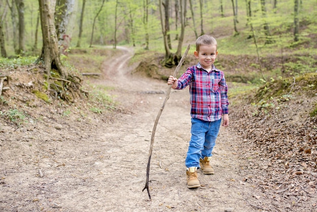 Schattige kleine jongen die overdag met een stok in een park speelt