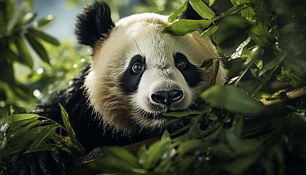 Schattige panda die bamboe eet in tropisch regenwoud en kijkt naar een camera gegenereerd door kunstmatige intelligentie