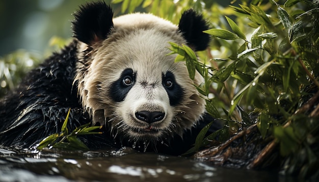 Schattige panda zit in het bos en eet bamboe en ziet er speels uit, gegenereerd door kunstmatige intelligentie