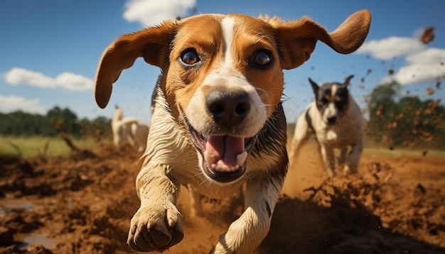 Gratis foto schattige puppy die in de weide speelt en vreugde en geluk brengt, gegenereerd door kunstmatige intelligentie