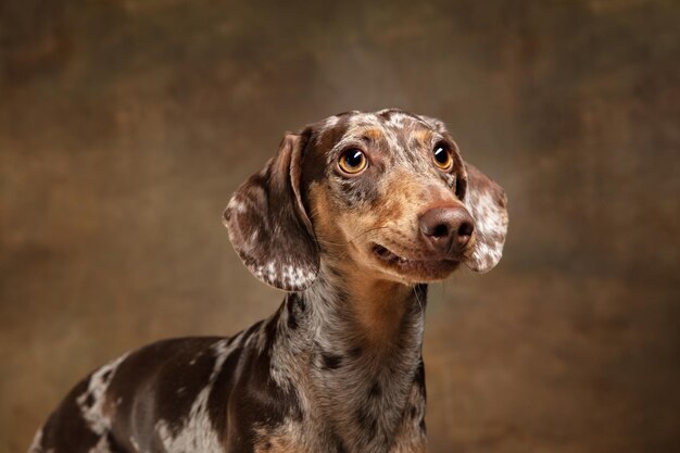 Schattige puppy van teckel hond poseren geïsoleerd over bruine background