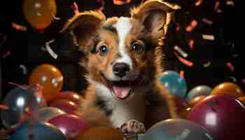 Gratis foto schattige puppy viert feest met een cadeau dat er vrolijk en speels uitziet, gegenereerd door kunstmatige intelligentie