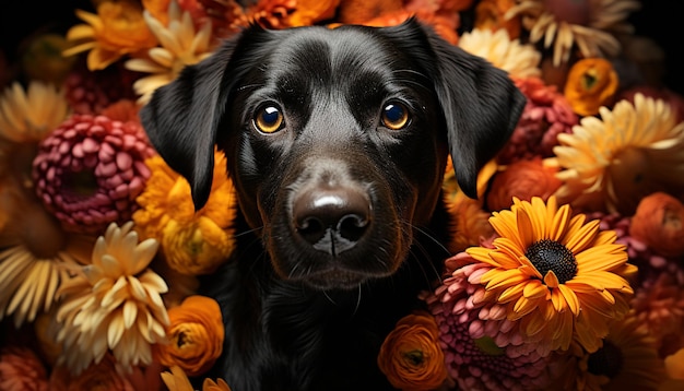 Gratis foto schattige puppy zit buiten en kijkt naar camera met madeliefje gegenereerd door kunstmatige intelligentie