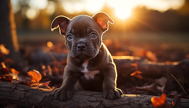 Gratis foto schattige puppy zit in het herfstbos en kijkt naar een camera die speels is gegenereerd door kunstmatige intelligentie