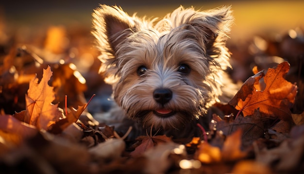 Gratis foto schattige puppy zit in het herfstbos en kijkt naar een camera gegenereerd door kunstmatige intelligentie