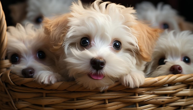 Gratis foto schattige puppy zittend in de mand kijken naar camera binnenshuis gegenereerd door kunstmatige intelligentie