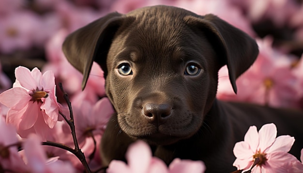 Schattige puppy zittend in het gras kijkend naar camera met bloemen gegenereerd door kunstmatige intelligentie