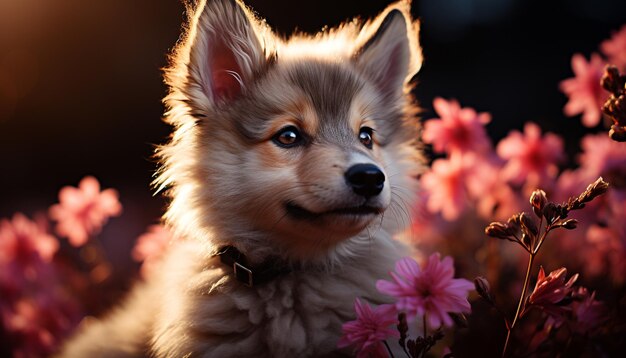 Schattige puppy zittend in het gras kijkend naar camera met onschuld gegenereerd door kunstmatige intelligentie