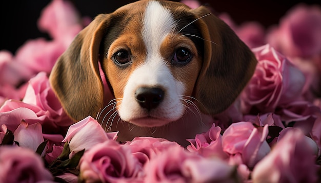 Gratis foto schattige puppy zittend kijkend naar camera omgeven door bloemen gegenereerd door kunstmatige intelligentie