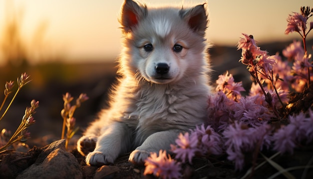 Gratis foto schattige puppy zittend op het gras kijkend naar de camera genietend van de natuur gegenereerd door kunstmatige intelligentie