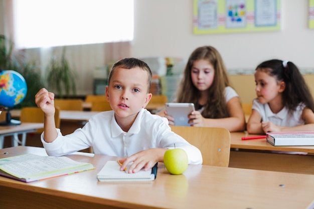 Schattige schooljongen bij bureau