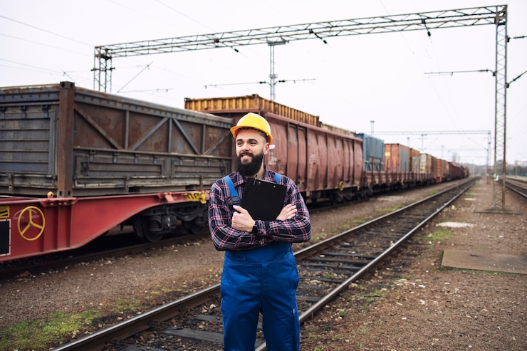 Gratis Foto scheepvaartarbeider kijkt naar de trein die naar het station komt en de distributie en export van goederen organiseert