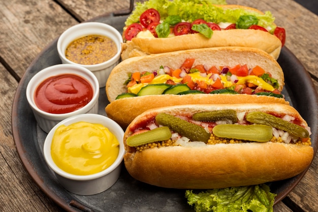 Schikking van hotdogs en sauzen met hoge hoek