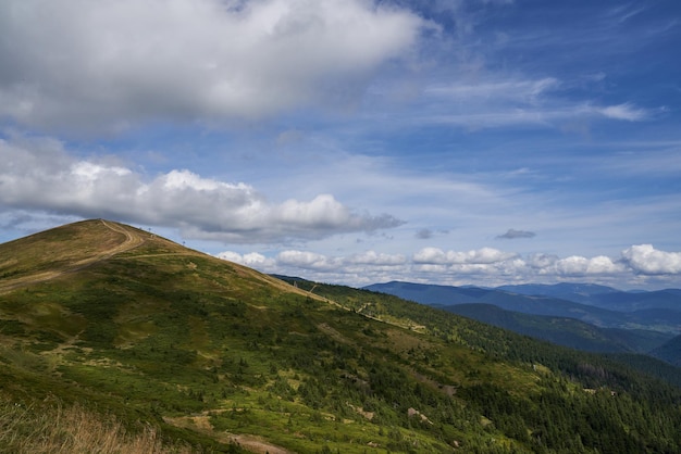 Gratis foto schilderachtig uitzicht op een zachte helling van de berg met een pad dat naar de top van de heuvel leidt