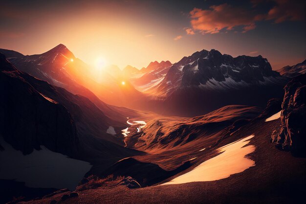 Schilderachtige zonsopgang in de hoge bergen van de alpen Generatieve AI