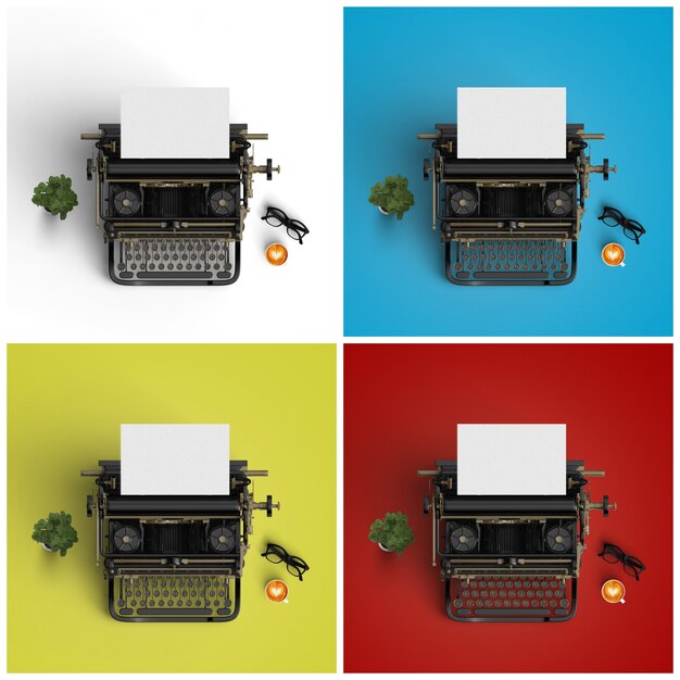 Schrijfmachines op vier verschillende achtergronden