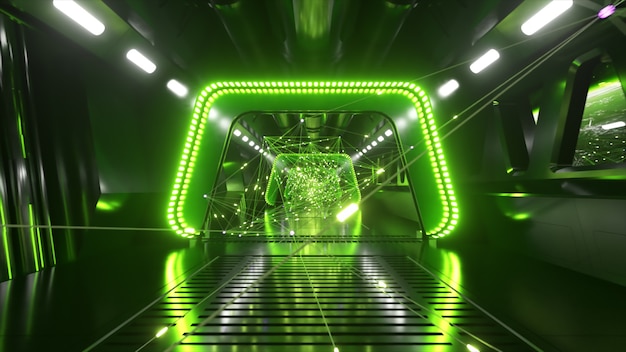 Sci-fi tunnel in de ruimte met neonlicht. planeet aarde buiten het raam van het ruimteschip. netwerkverbindingen en gegevensstroom. ruimte technologie concept. 3d illustratie