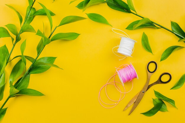 Scissor; witte en roze draadspoel met groene bladeren takje op gele achtergrond