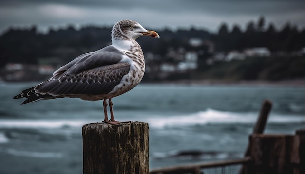 Gratis foto seagull zitstokken op houten paal door kustlijn gegenereerd door ai