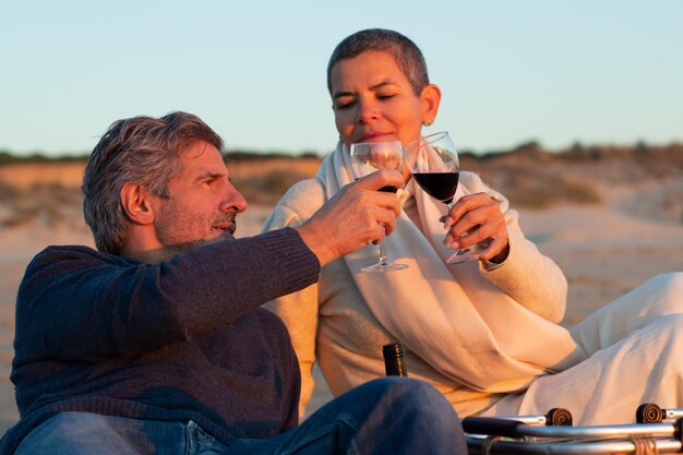 Senior paar vieren verjaardag aan kust terwijl ze picknicken op het strand bij zonsondergang. Medium shot van man en vrouw rammelende glazen met rode wijn. Zijaanzicht. Romantiek, saamhorigheid, liefdesconcept