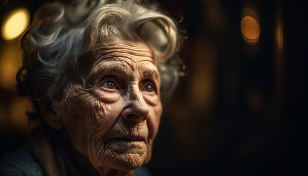 Serene senior vrouw glimlachend wijsheid in ogen gegenereerd door AI