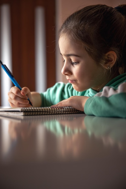 Serieus klein meisje schrijft met een pen in een notitieboekje