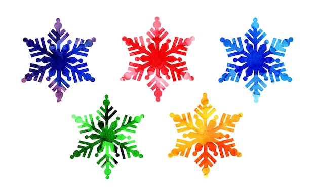 Set van aquarel schilderij sneeuwvlokken blauw geel groen rood en paars silhouet merry christmas